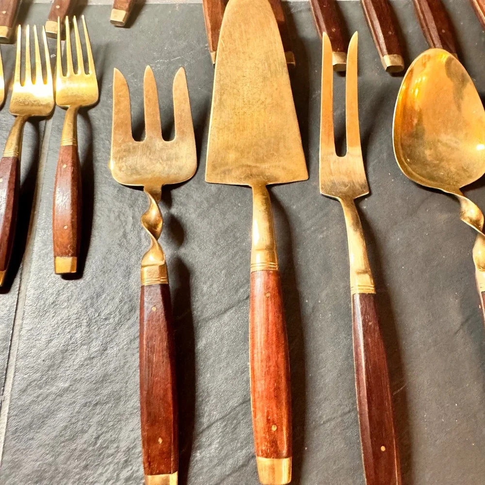 Vintage MCM Luxury Gold Tone Cutlery Rosewood Handles Serving Utensils 29pc‎ Set